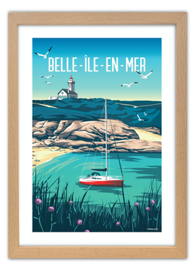 Affiche du Phare des Poulains de Belle-Île-en-Mer avec un cadre en chêne
