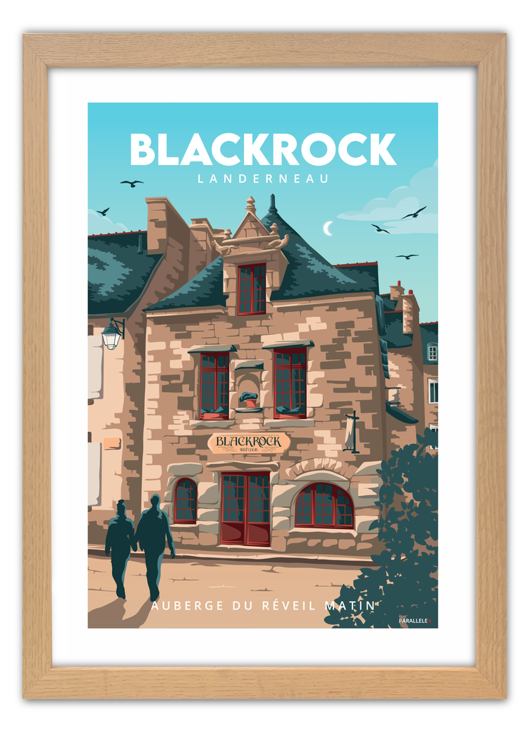 Affiche de l'Auberge du Réveil Matin actuellement le BlackRock Irish Pub de Landerneau avec un cadre en chêne