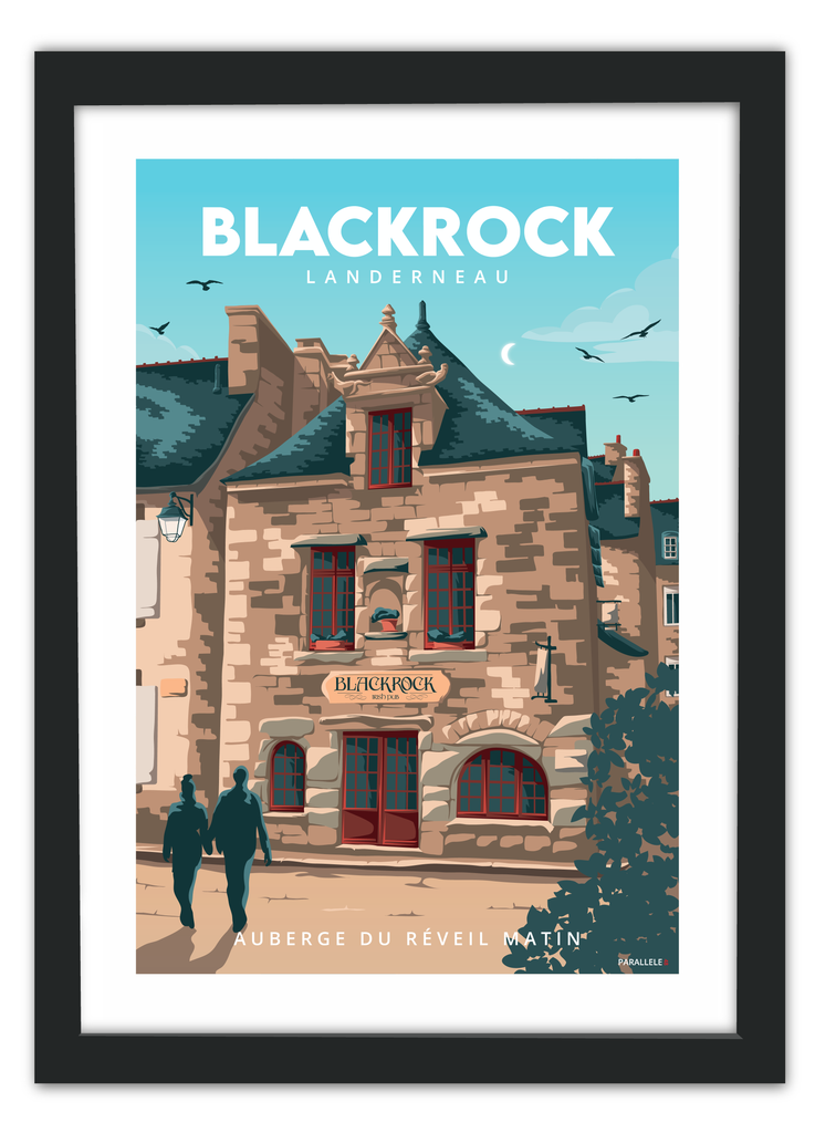 Affiche de l'Auberge du Réveil Matin actuellement le BlackRock Irish Pub de Landerneau avec un cadre noir