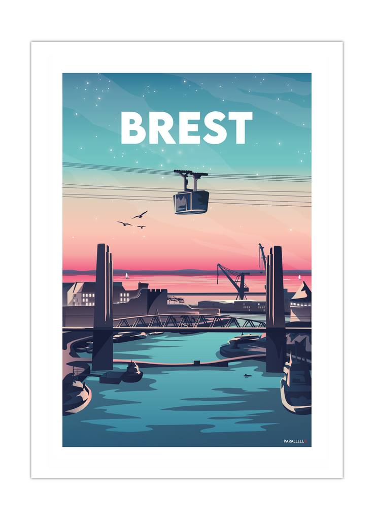 Affiche d'un coucher de soleil sur le Pont de Recouvrance à Brest