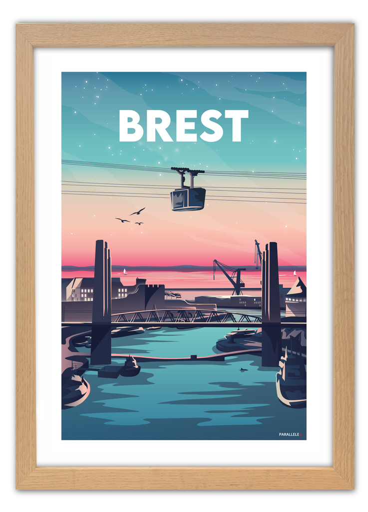 Affiche d'un coucher de soleil sur le Pont de Recouvrance à Brest avec un cadre en chêne