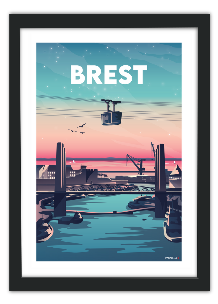 Affiche d'un coucher de soleil sur le Pont de Recouvrance à Brest avec un cadre noir