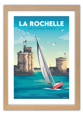 Affiche du Vieux Port de la Rochelle avec un cadre en chêne