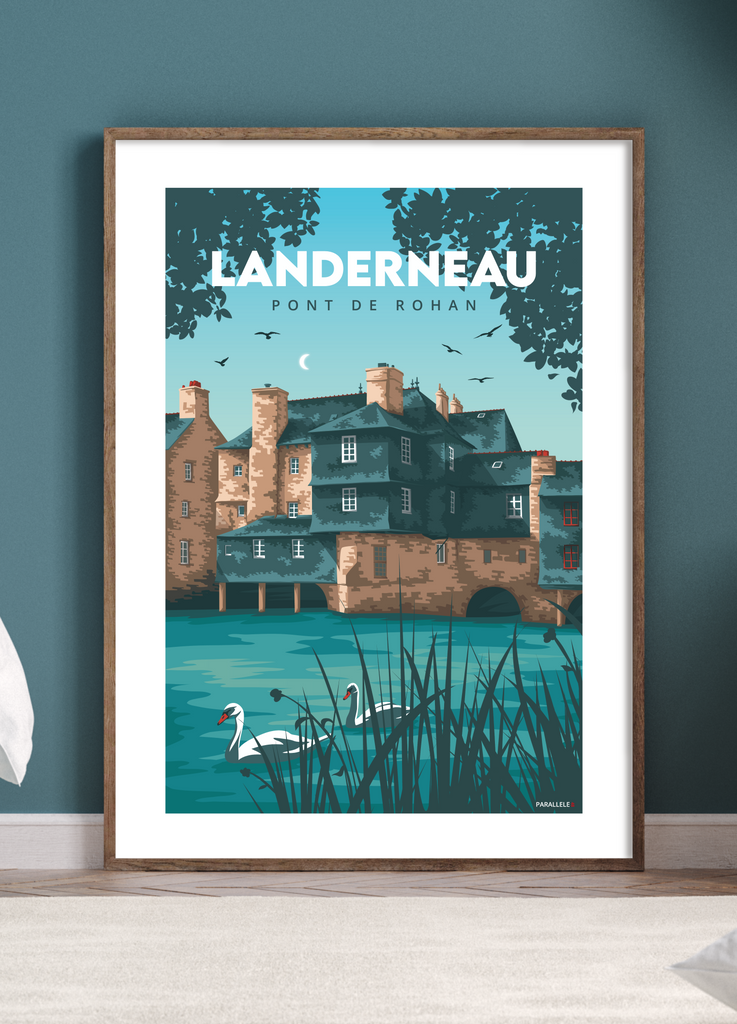 Affiche vintage du Pont Habité de Landerneau avec un cadre en bois