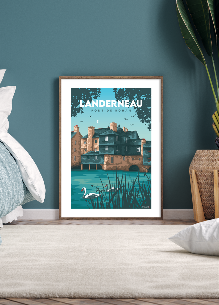 Affiche vintage du Pont Habité de Landerneau avec un cadre noir