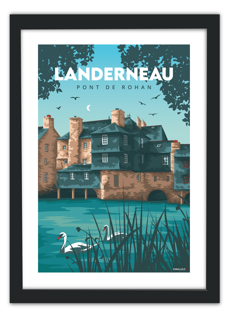 Affiche vintage du Pont Habité de Landerneau avec un cadre noir