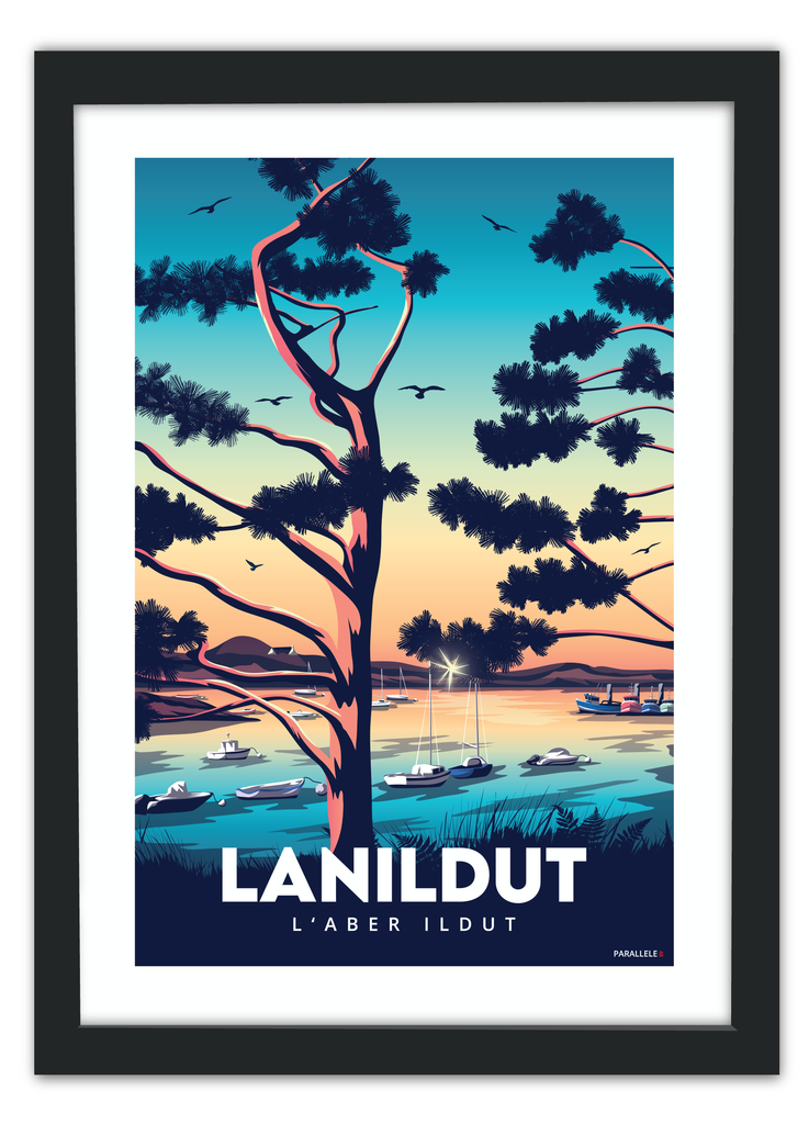 Affiche du port de Lanildut en Bretagne dans le Finistère nord avec un cadre noir