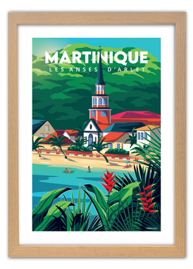 Affiche vintage des Anses-d'Arlet à la Martinique avec un cadre en chêne