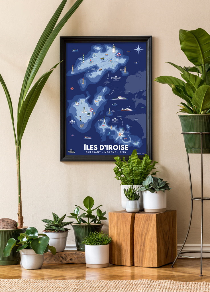 Affiche des trois îles de la mer d'Iroise : Ouessant, Molène et Sein avec un cadre noir