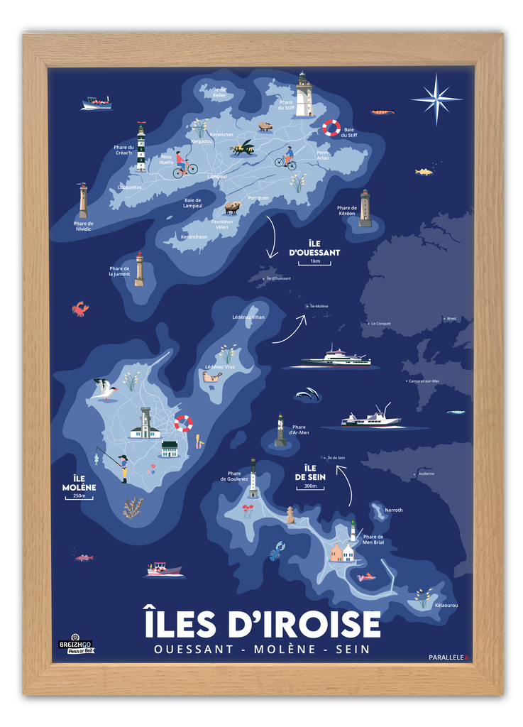 Affiche des trois îles de la mer d'Iroise : Ouessant, Molène et Sein avec un cadre en Chêne