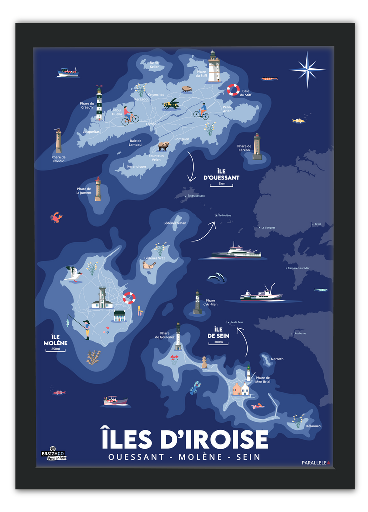 Affiche des trois îles de la mer d'Iroise : Ouessant, Molène et Sein avec un cadre noir