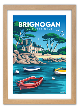 Affiche de la plage du Petit Nice à Brignogan-Plages avec un cadre en chêne