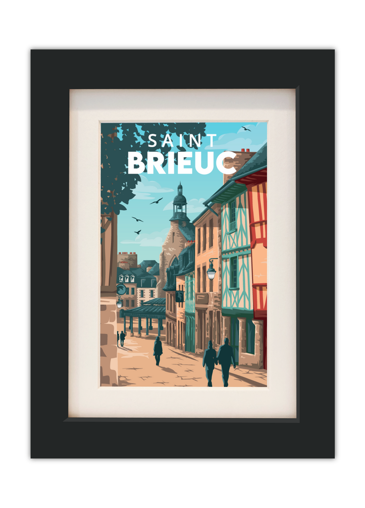 Carte postale de la ville médiévale de Saint-Brieuc dans les Côtes d'Armor avec un cadre noir