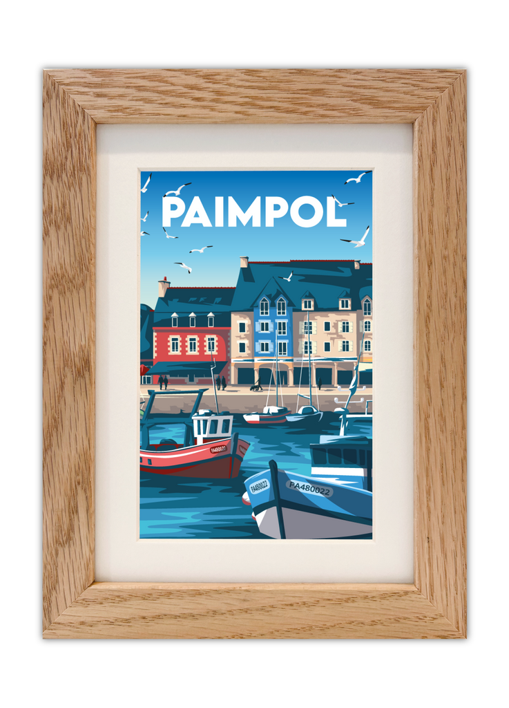 Carte postale du port de Paimpol dans les Côtes d'Armor avec un cadre en chêne