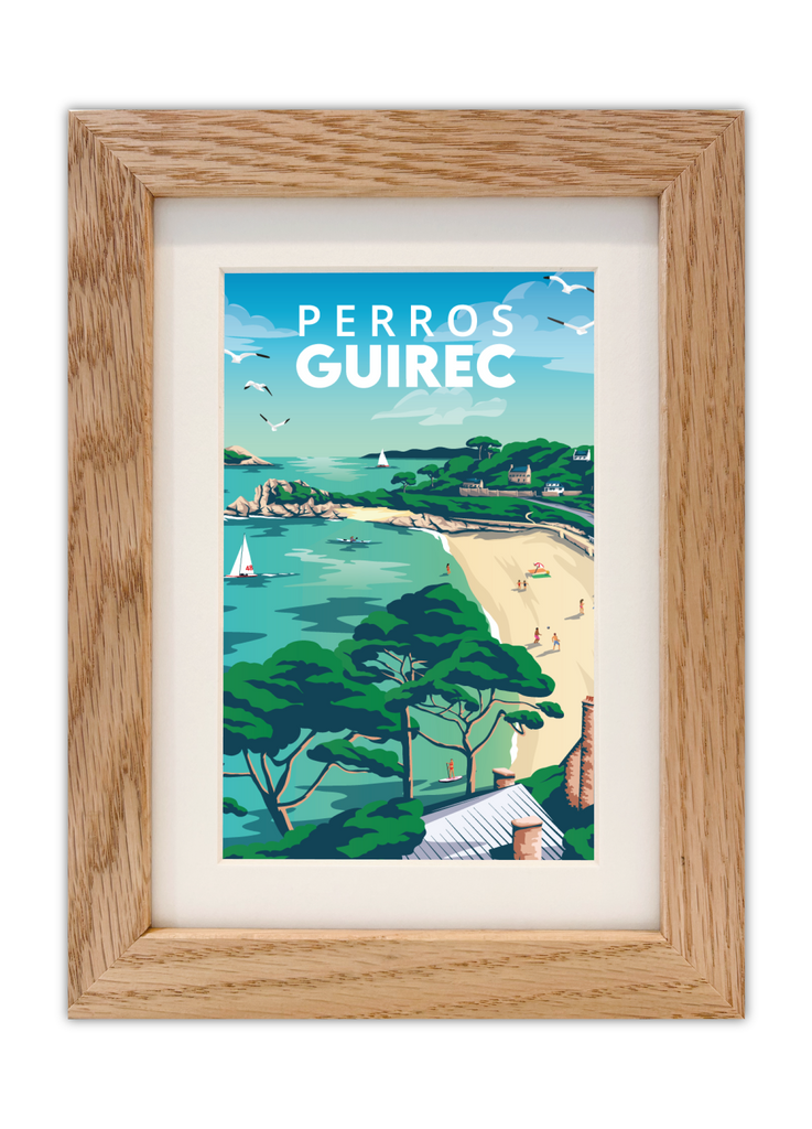 Carte postale de la Plage de Trestrignel à Perros-Guirec avec un cadre en chêne