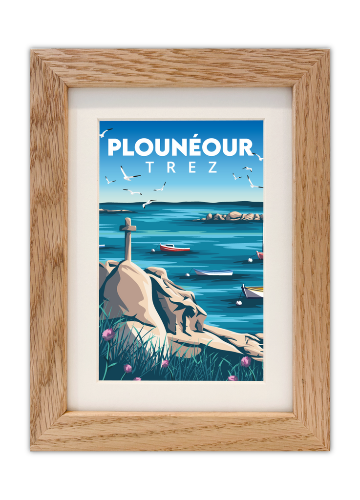 Carte postale de la croix de Plouénour-Trez dans le Finistère Nord avec un cadre en chêne