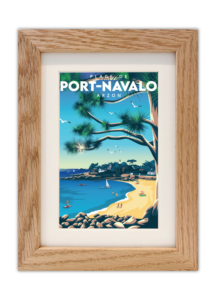 Carte postale de la plage de Port-Navalo à Arzon avec un cadre en chêne