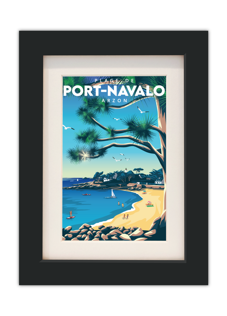 Carte postale de la plage de Port-Navalo à Arzon avec un cadre noir