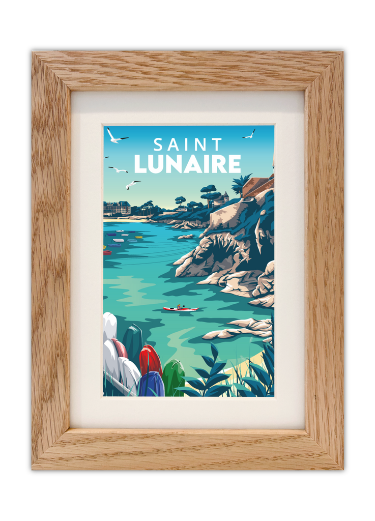 Carte postale de la pointe du décollé à Saint-Lunaire avec un cadre en chêne