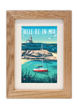 Carte postale du Phare des Poulains à Belle-Île-en-Mer avec un cadre en chêne
