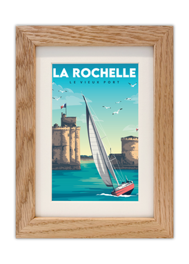 Carte postale du Vieux Port de La Rochelle avec un cadre en chêne