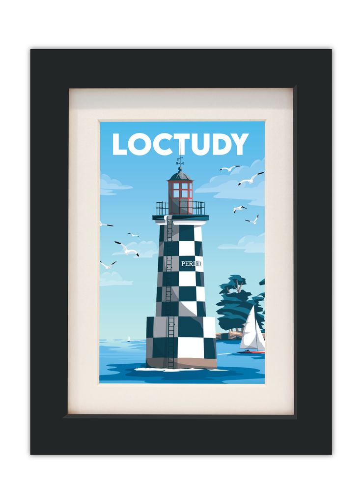 Carte postale du Phare de la Perdrix à Loctudy en Bretagne avec un cadre noir