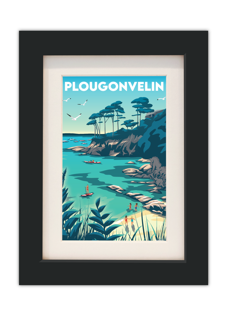Carte postale de la plage des trois curés à Plougonvelin avec un cadre noir