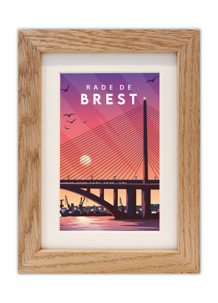 Carte postale des ponts de Plougastel dans la Rade de Brest avec un cadre en chêne