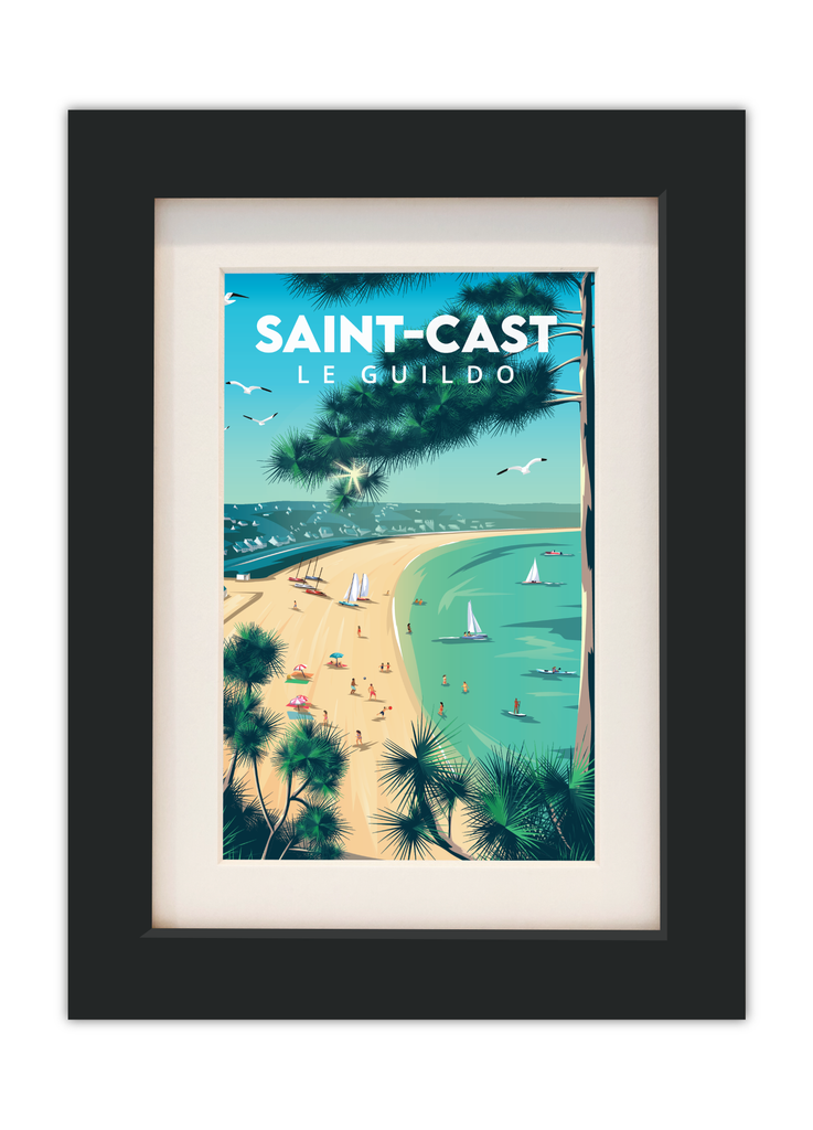 Carte postale de la grande plage de Saint-Cast-le-Guildo avec un encadrement noir