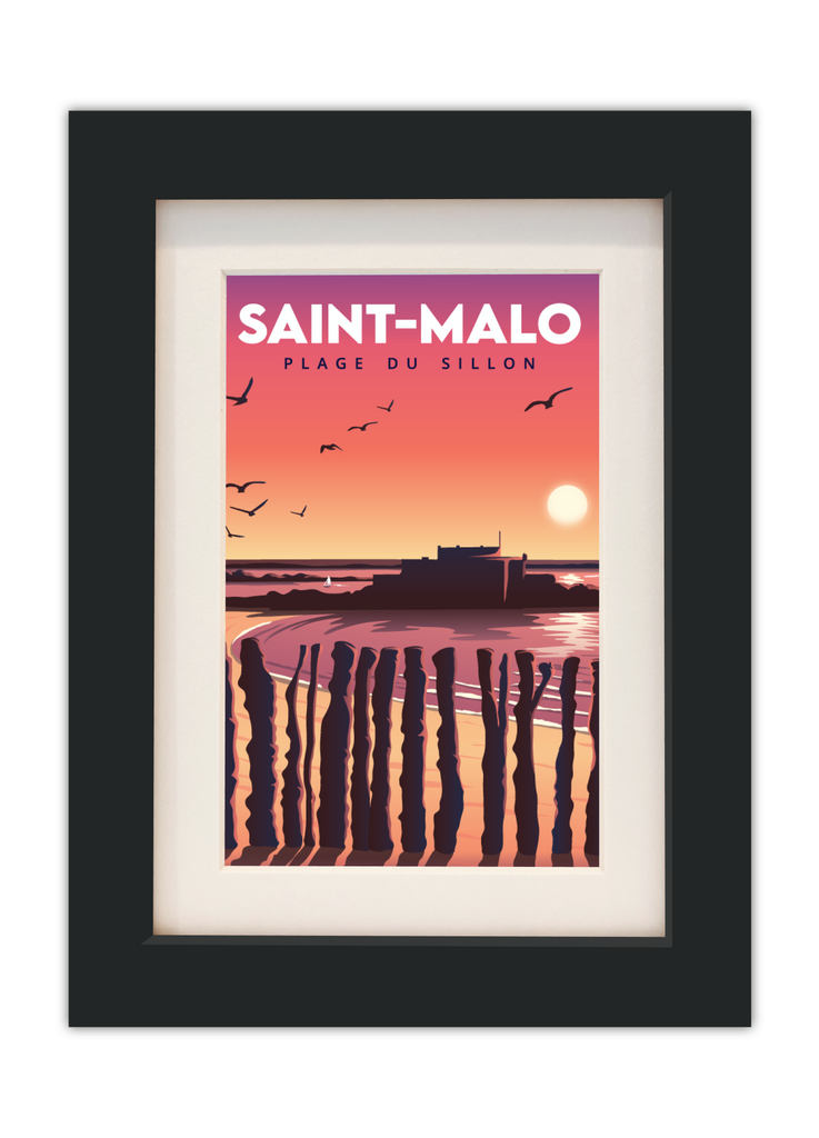Carte postale de la plage du sillon de Saint-Malo avec un cadre noir