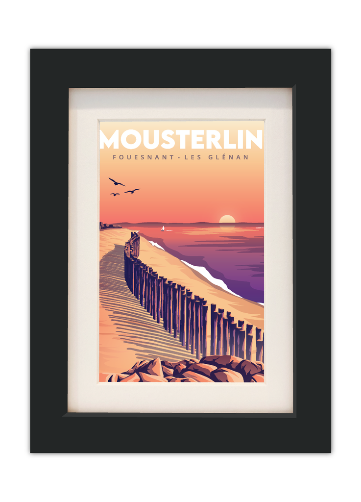 Carte postale de la plage de Mousterlin à Fouesnant les Glénan avec un cadre noir