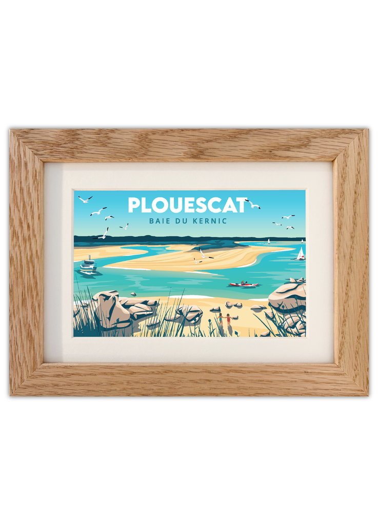 Carte postale de la Baie du Kernic à Plouescat avec un cadre en chêne