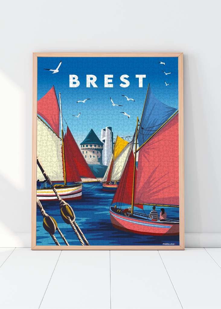 Puzzle 1000 pièces de voilier dans le port de Brest avec en arrière plan la Tour Tanguy et le pont de Recouvrance