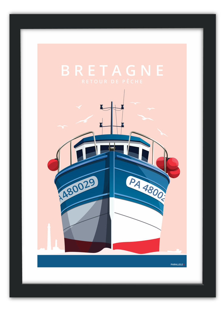 Affiche d'un bateau de pêche en Bretagne sur fond rose avec un cadre noir