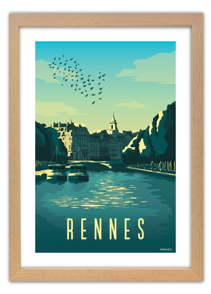 Affiche des quais de Rennes avec un cadre en chêne