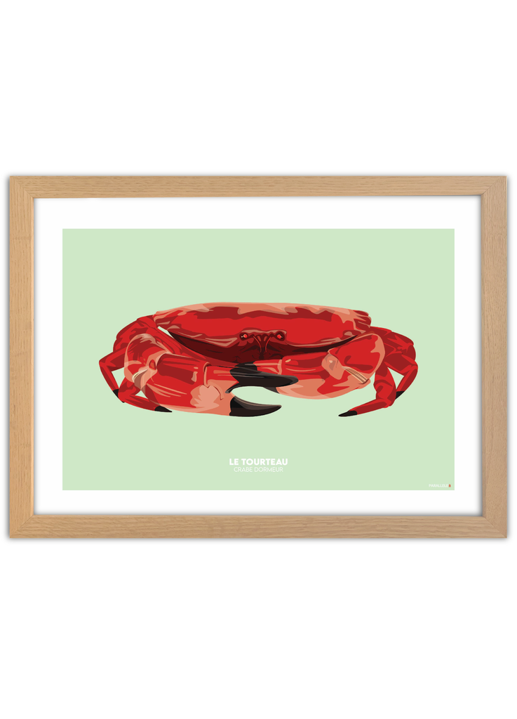 Affiche d'un tourteau rouge sur fond vert avec un cadre chêne