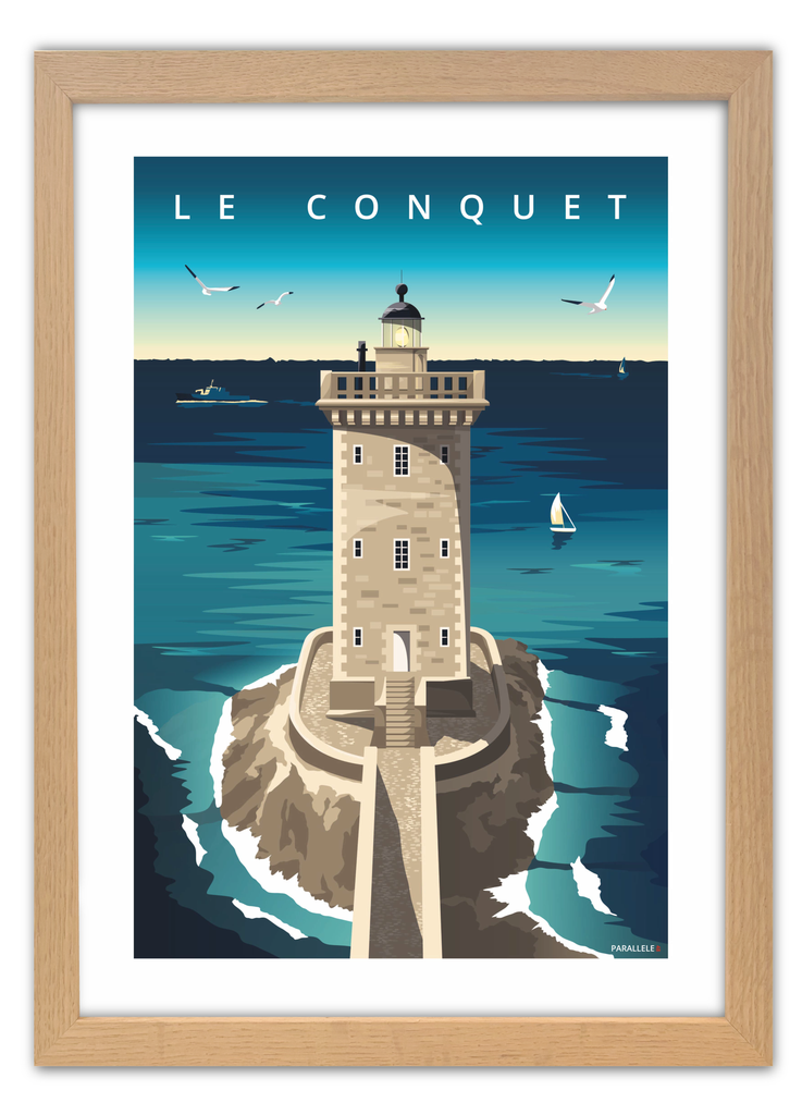 Affiche du phare de Kermorvan au Conquet avec un cadre chêne