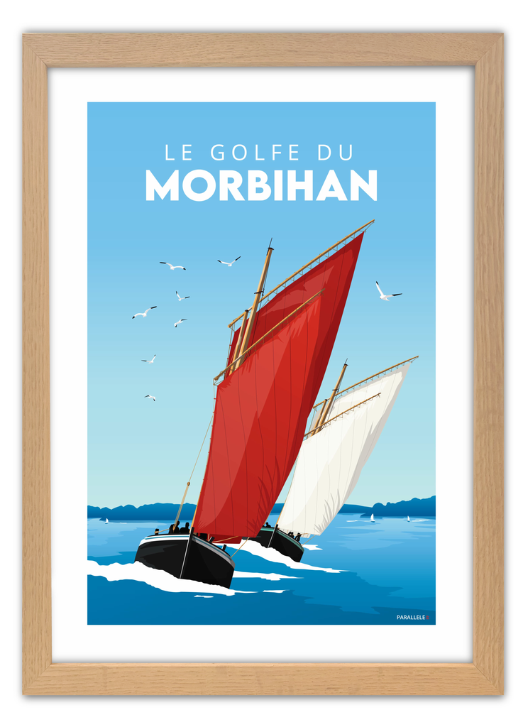 Affiche de sinagots dans le Golfe du Morbihan avec un cadre en chêne