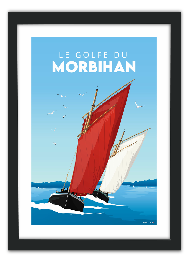 Affiche de sinagots dans le Golfe du Morbihan avec un cadre noir