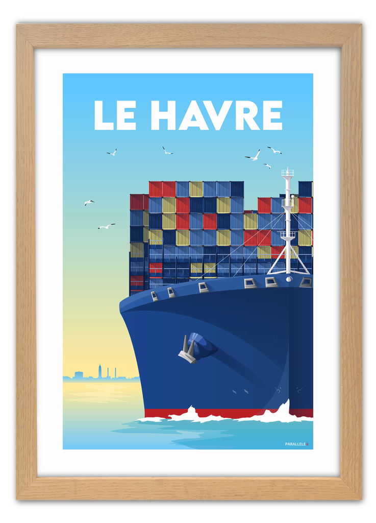 Affiche d'un porte-conteneur au Havre avec un cadre en chêne