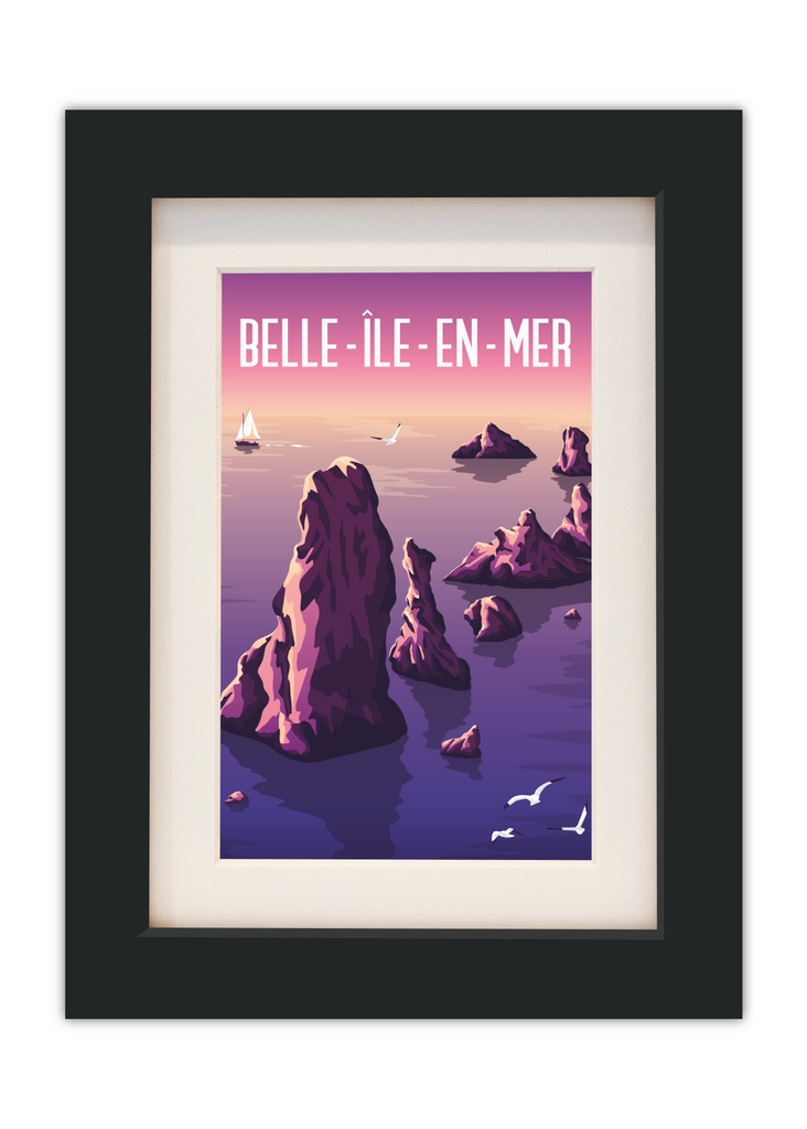 Carte postale des Aiguilles de Port Coton à Belle-Île-en-Mer avec un cadre noir