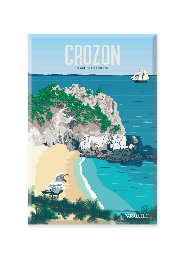 On vous emmène visiter la plus célèbre plage de Crozon : la plage de l'île Vierge. L'illustration a été dessinée dans le Finistère et le magnet a été fabriqué en France.  Pour l'expédition de votre commande, chaque magnet est soigneusement inséré dans un sachet en plastique recyclé, lui même inséré dans un carton solide d'expédition.  Dimensions : 5.4 x 8 cm  Finition : mat soft touch