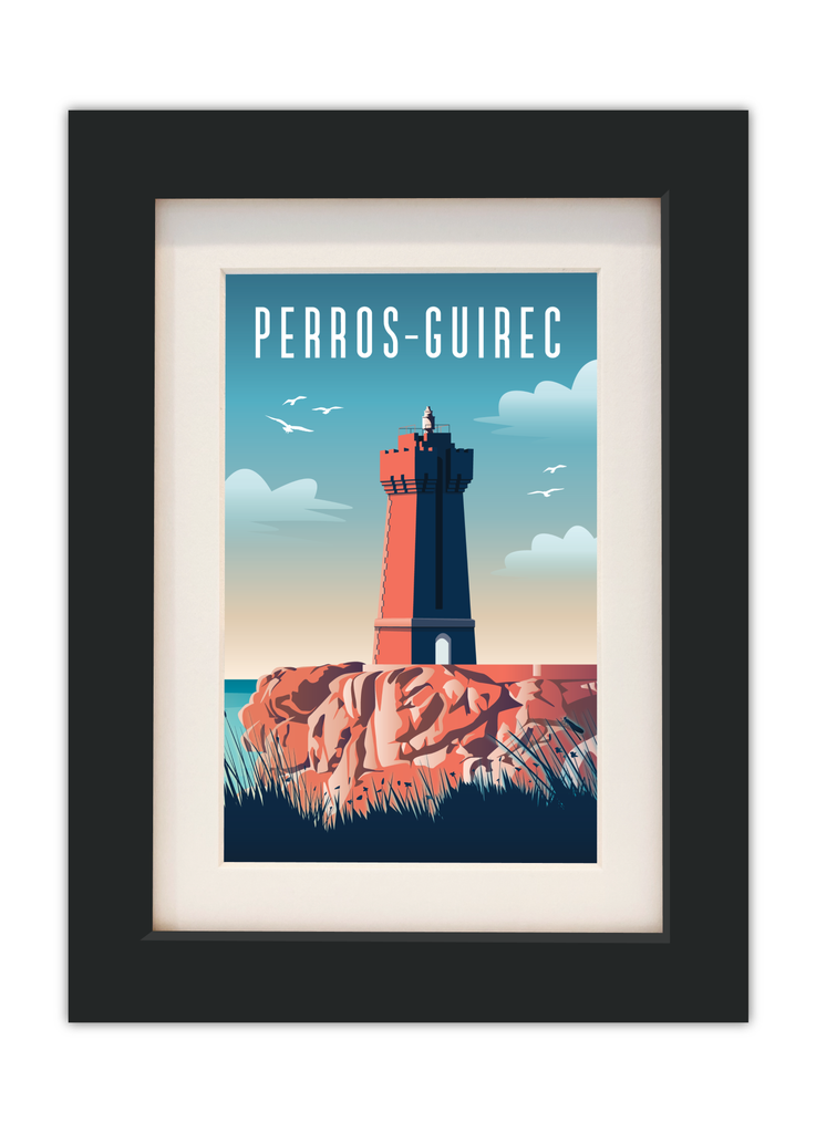 Carte postale du Phare de Ploumanac'h à Perros-Guirec avec un cadre noir