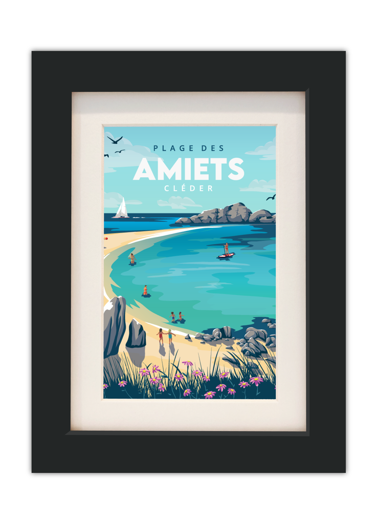 Carte postale de la plage des Amiets à Cléder avec un cadre noir