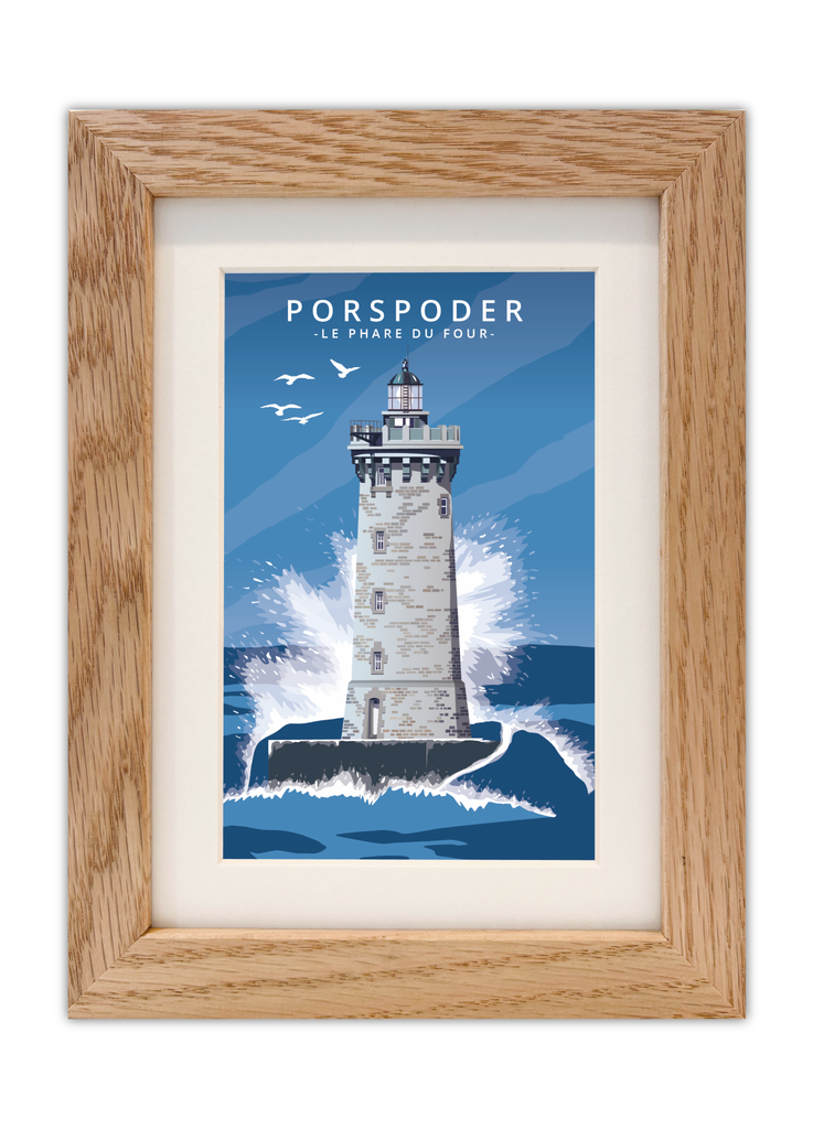 Carte postale du Phare du Four à Porspoder avec un cadre chêne