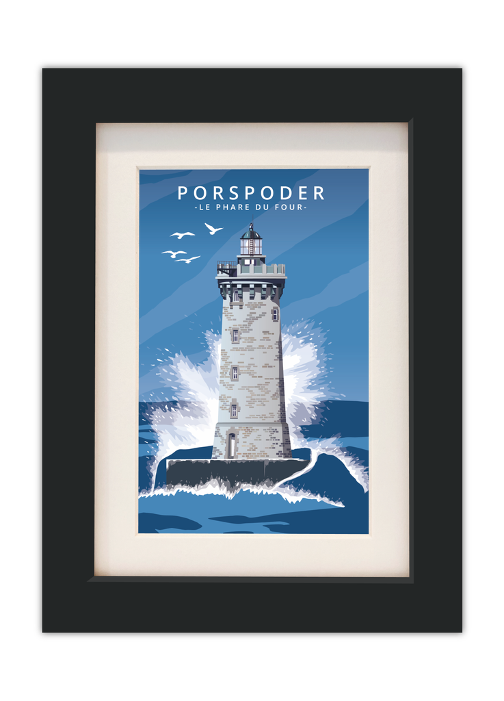 Carte postale du Phare du Four à Porspoder avec un cadre noir