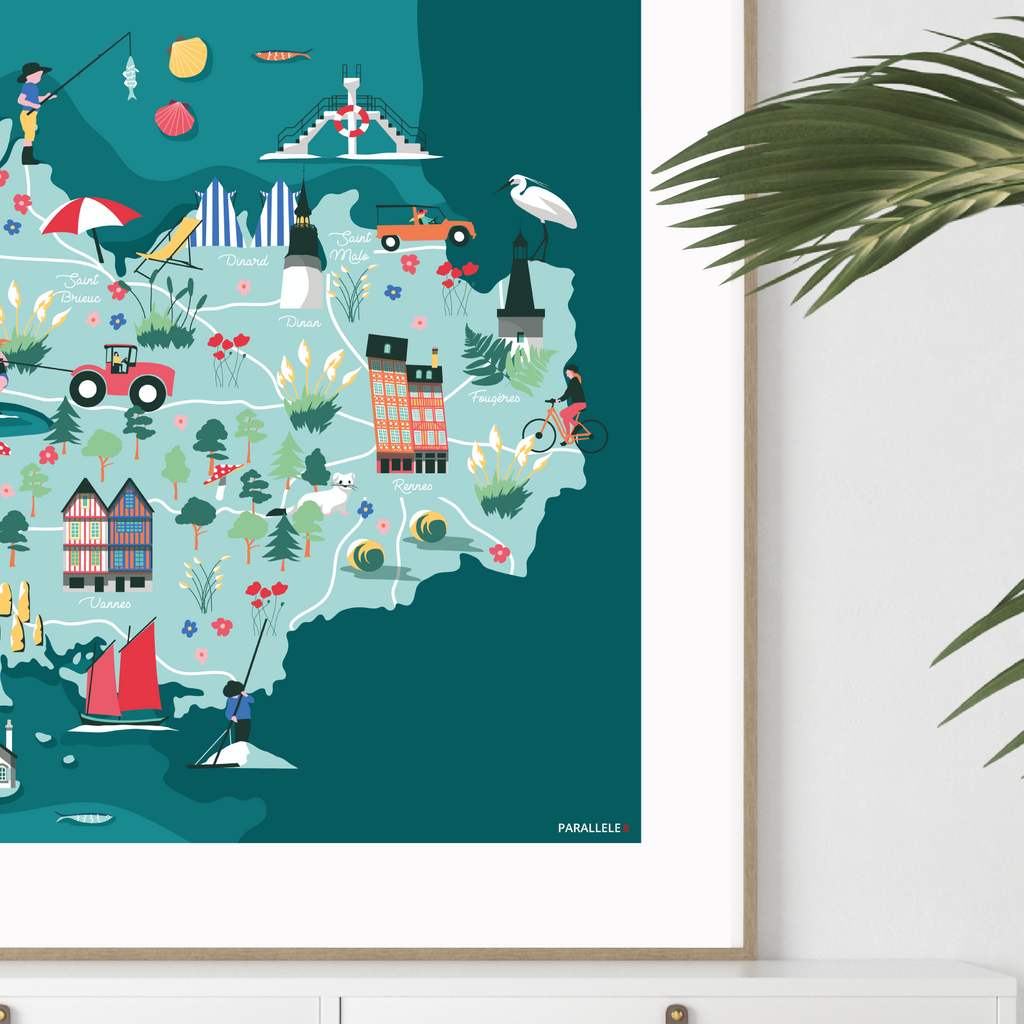 Affiche d'une carte illustrée de la Bretagne