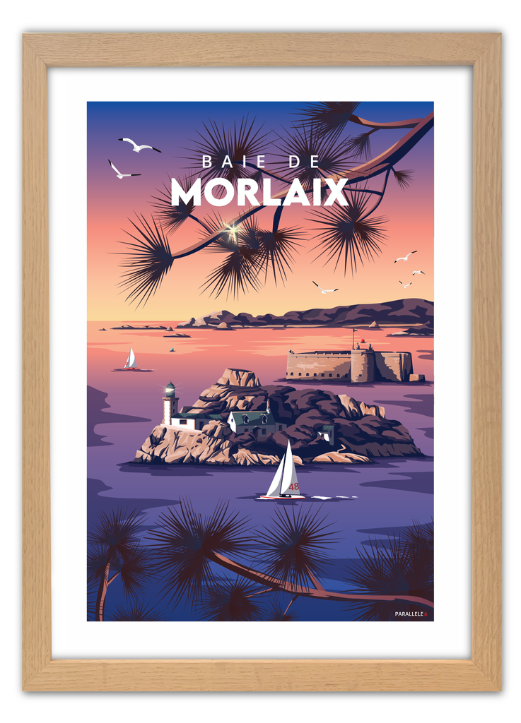Affiche de l'île Louët et du château du Taureau en baie de Morlaix avec un cadre en chêne