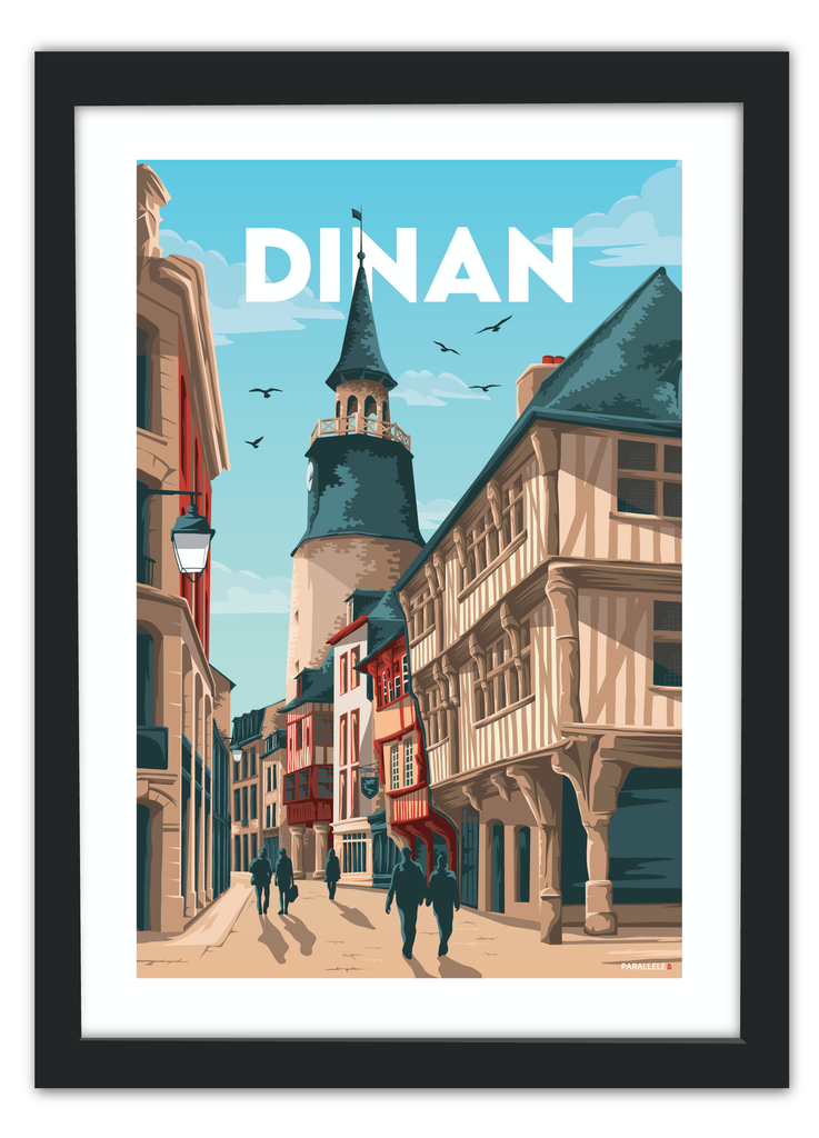Affiche du centre ville de Dinan en Bretagne avec un cadre noir