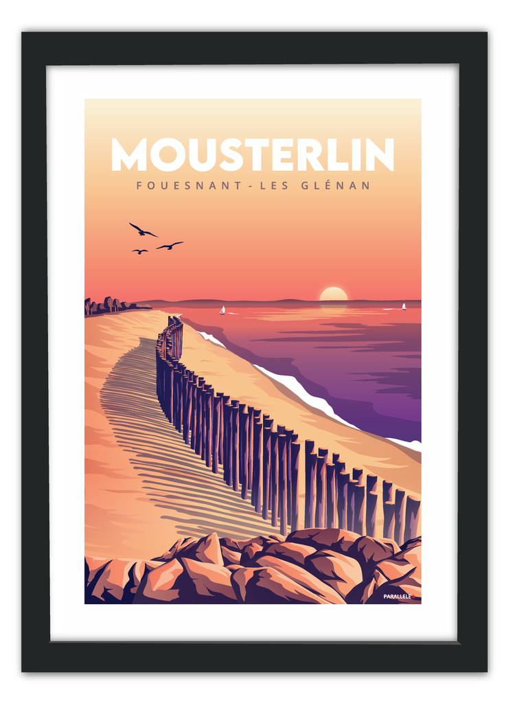 Affiche d'un lever de soleil sur la plage de Mousterlin avec un cadre noir